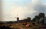 Eugene Verboeckhoven Canvas Paintings - A Panoramic Summer Landscape With Cattle Grazing In A Meadow By A Windmill